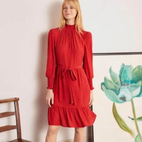 BODEN Carrie Smocked Dress Poinsettia Ruffle Red Long Sleeve - Picture 1 of 14